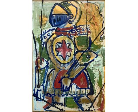 Oil painting on cardboard depicting Sicilian puppet in armor, 20th century. Signed on the lower left and dated Archangels 73.