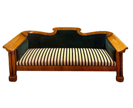 Biedermeier sofa, early nineteenth century light wood. Refurbished with silk tapezzaria in the seat and backrest in silk velv