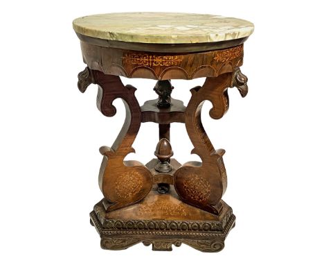 rosewood table, marble floor, triangular base entirely carved at the sides, inlays of light wood on the base and on the load-