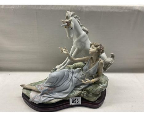 A rare Lladro Goddess and Unicorn figurine on wooden plinth (with original box) 