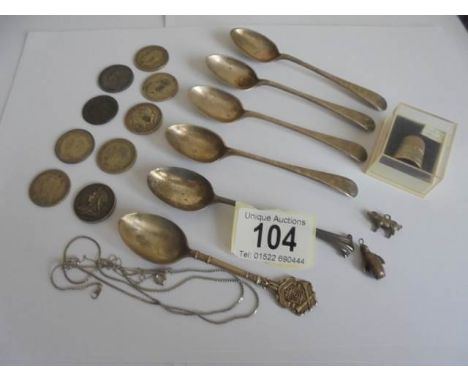 Six silver teaspoons, a silver thimble, silver coins, chains etc.,