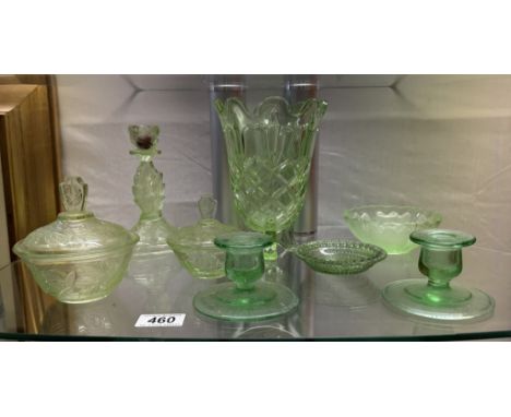 A quantity of vintage green glass including vase, trinket pots &amp; candlesticks