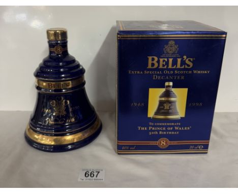 A boxed Bells extra special old Scotch whiskey decanter 'The Prince of Wales 50th birthday' 