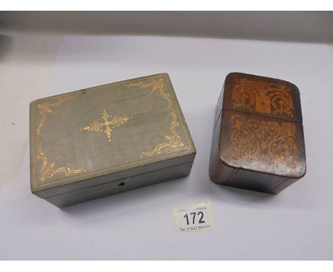 An Inlaid playing card box and a leather jewellery box.