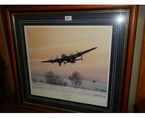 A framed and glazed R A F print entitled 'On a Wing and a Prayer', Rhodesian Squadron, signed by artist.