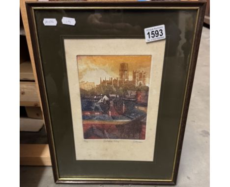 A 20th century J. Deguan signed limited edition coloured etching 34 / 75 Durham City. Image 200cm x 150cm 
