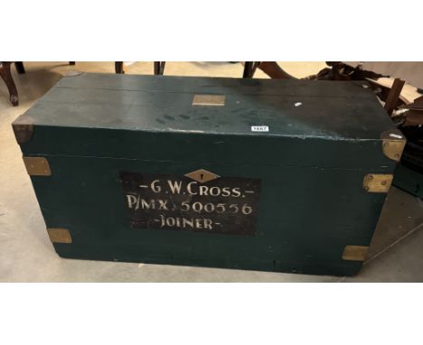 A Royal Navy Shipwrights tool box & contents, some tools are military marked, brass name plate on top89cm x 38cm x 43cm high.