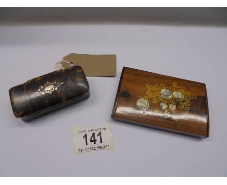 A tortoise shell snuff box and a rosewood inlaid card case. 