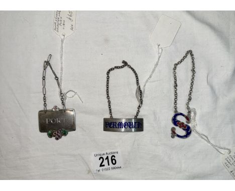 Three silver and enamel decanter labels - Port circa 1850, 'S' for sherry circa 1850 and Vermouth.