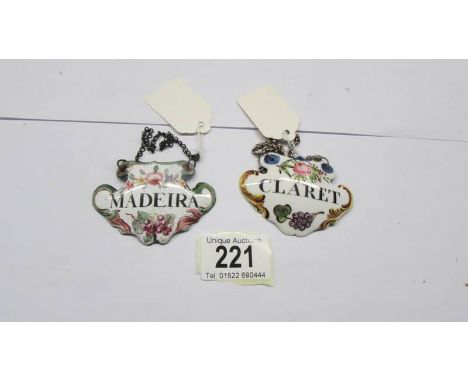 Two circa 1800's Bilston enamel wine labels - 'Madeira (in original condition) and 'Claret (restored). 