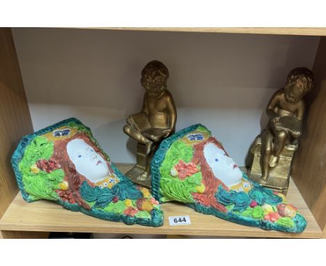 A pair of vintage Corbels (Wall brackets) &amp; A pair of 1930s bookend cherubs reading books 