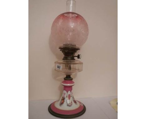 A late Victorian Hinks oil lamp with painted ceramic base and original shade (Hinks No.2 burner). 