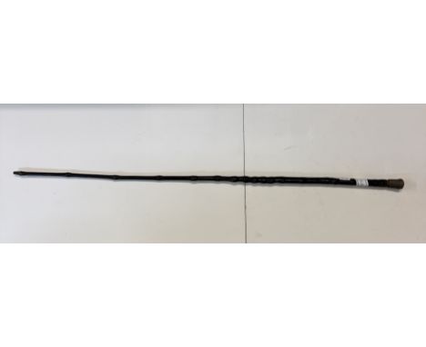 A 19th/20th century willow walking cane/short sword/finishing stick with basket weave plated finial 