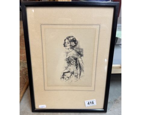 An early 20th century etching/line drawing of a young lady, signed M. Dogard 21.2.20