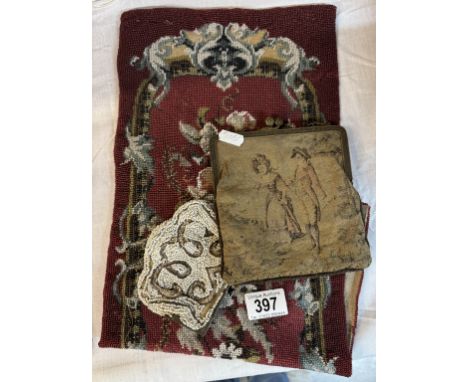 An early 20th century beaded panel &amp; 2 purses, (1 beaded &amp; 1 tapestry) 23cm x 55cm