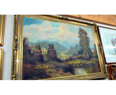 A gilt framed oil on canvas rural scene signed K Gaiermann, 107 x 75 cm.