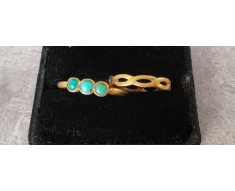 A 22ct gold open Celtic plait band 2.88g; a 22ct gold set with three round turquoise stones 4.43g 