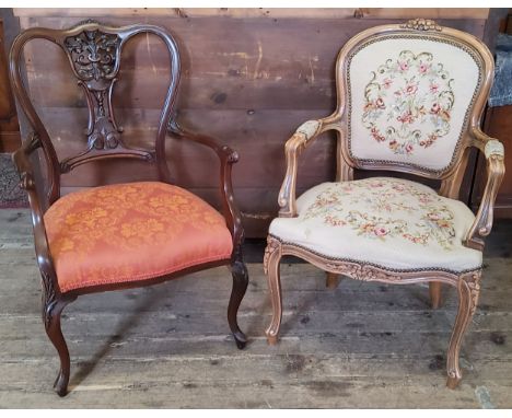 A French fratulie chair with Aubusson style tapestry upholstery; a late 19th century mahogany elbow chair (2) 
