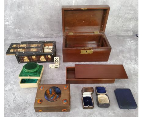 An early 20th century porcupine quill box; an Arts &amp; Crafts enamel cabachon inset wooden trinket box; jewellery boxes; Re