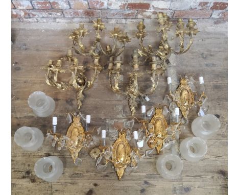 Lighting - a set of four gilt metal Roccoco type country house wall sconces (AF); Four decorative Neo Classical wall light sc