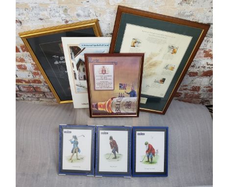 Advertisement - Framed advertising prints for whiskey and cognac,&nbsp; 3 x Martell Cognac golfers prints in blue frames, no1