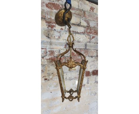 A brass hall lantern etched glass panels (one missing) Height 24cm x width 15cm x depth 15cm 