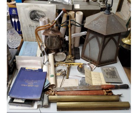 Boxes &amp; Objects - an early 20th century outdoor lantern; African dagger in leather sheath; sash window weights and housin