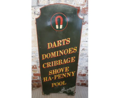 A large John Smith's brewery / pub advertising board, hand painted and gold leaf type stating&nbsp; 'darts, dominoes, cribbag