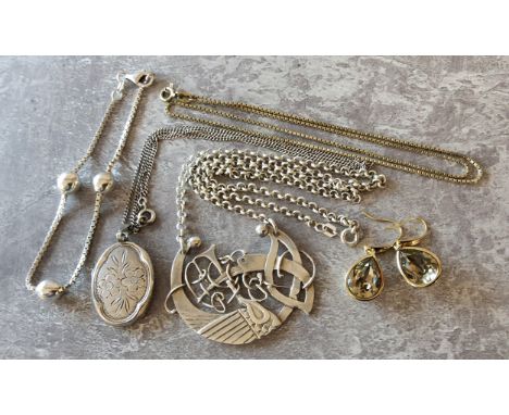 An unusual Celtic pendant in the form of a stylised bird, marked KJOD, 925, silver belcher chain; a silver locket &amp; neckl