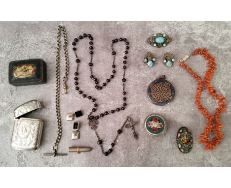 A George III toleware snuff box c.1800; a Victorian vesta, Italian micromosaic brooches; coral necklace; silver cufflinks; ja