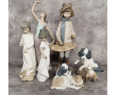 NAO by Lladro figures including 'The Dance is Over'; Young Artist (af); Puppies Playing; another similar; Young Girl dancer &