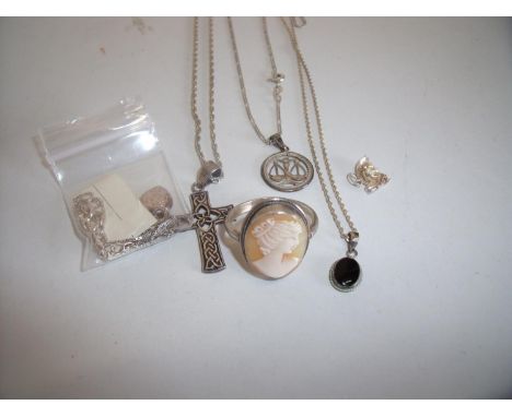 Selection of sterling silver and other necklaces and a sterling silver cameo style ring 