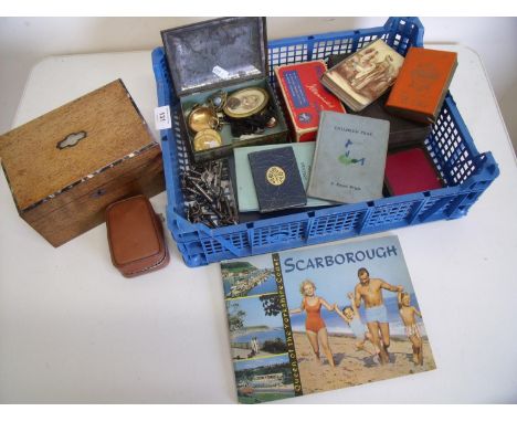 19th C walnut two sectional tea caddy with inlaid detail, various vintage tins, booklets, games etc 