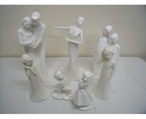Group of decorative ceramic figures including Coalport 'Music and Dance' &amp; 'The Gift of Love', Royal Worcester Moments 'P