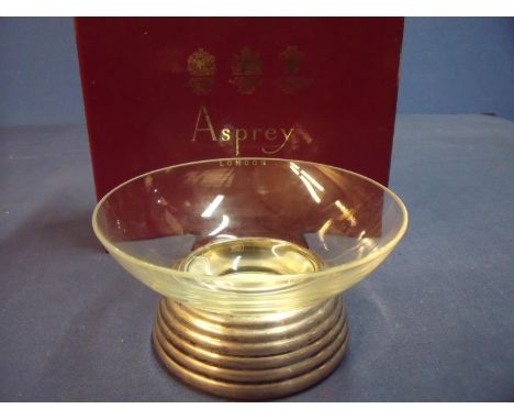 Boxed Asprey of London silver hallmarked bonbon dish with glass bowl and circular stepped silver hallmarked base market Garra