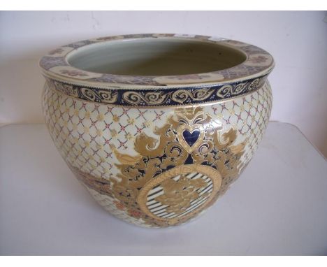 20th C Satsuma ware style ceramic fish bowl/jardiniere (diameter 32cm x height 25 cm) 