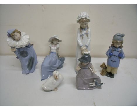 Group of six Nao figures including clown, various ladies, walker, duck etc 