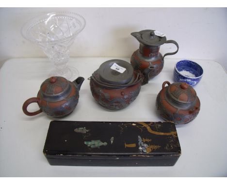 Chinese terracotta and pewter four piece tea service, cut glass vase, blue &amp; white pattern Copeland Spode bowl and a rect