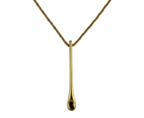 Gelbgoldanhänger mit Alexandrit an Gelbgoldkette, gestempelt 750, Posthorn darin ein K, für Juwelier Fritz Kraemer, Saarbrück