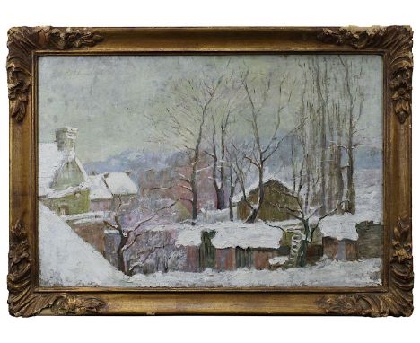 Borgnet, Henriette (Liege um 1900, belgische Städte- und Landschaftsmalerin), Verschneite Dorfansicht, Öl auf Malkarton, link