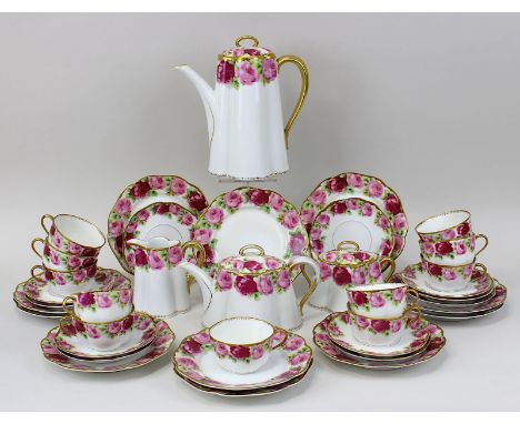 Rosenthal Restservice, "Crysanthéme" mit Rosendekor, 37 teilig, Werk Kronach/Selb, um 1898 - 1906, Porzellan leicht cremefarb