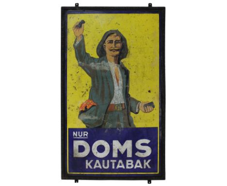 Seltenes großes Werbeschild für Doms Kautabak, deutsch um 1920, Emailschild im Blechrahmen mit Aufhängung, rücks. rundum durc