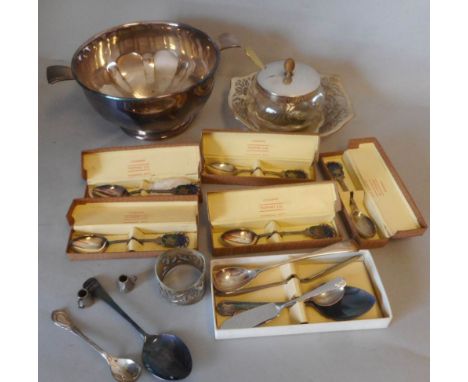 Five E.P.N.S. teaspoons: inscribed Wessex Centre ACU  to R Hicks, plated butter dish and cover, rose bowl and other plated it