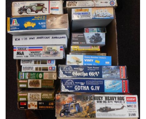 Italeri, Tamiya, Roden and others a collection of assorted model kits: including cars, AFV's, figures, aircraft, assorted sca