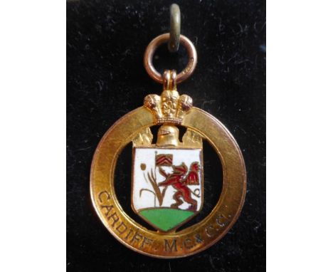 A 9ct gold and enamel medal for Cardiff M.C & C.C: awarded to H Hicks, Cardiff Leicester Trial 1927, 6.83gms.