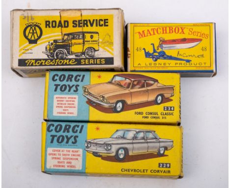 Corgi 229 Chevrolet Corvair: light blue with off white interior, spun hubs and black tyres, boxed, together with Corgi 234 Fo