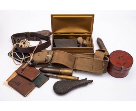 A collection of militaria: including cartridge cases, webbing collar box, shot flasks, Boys' Brigade item etc.