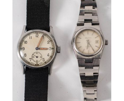 An Army Trade pattern wristwatch: with white enamel dial, Arabic numerals and subsidiary seconds dial marked 'Swiss Made' the