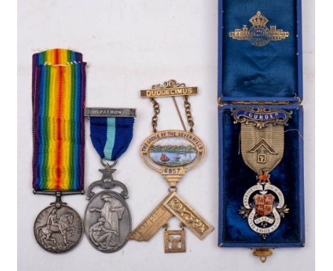 A World War One War Medal to TS-903.DVR.J Brockett. A.S.C.,: two silver gilt and enamel Masonic jewels and another Masonic me