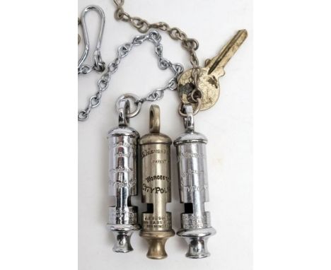 Three Worcester City Police 'Metropolitan' Police Whistles by J Hudson &amp; Co, Birmingham: two with chains (3)  